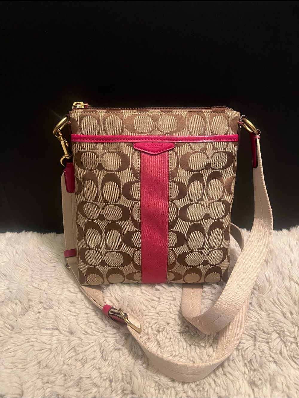 Coach Brown Signature Stripe Swing-pack Crossbody with Pink Trim